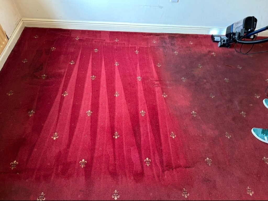 Before and after carpet cleaning on a red patterned carpet showing dramatic difference between dirty and clean sections