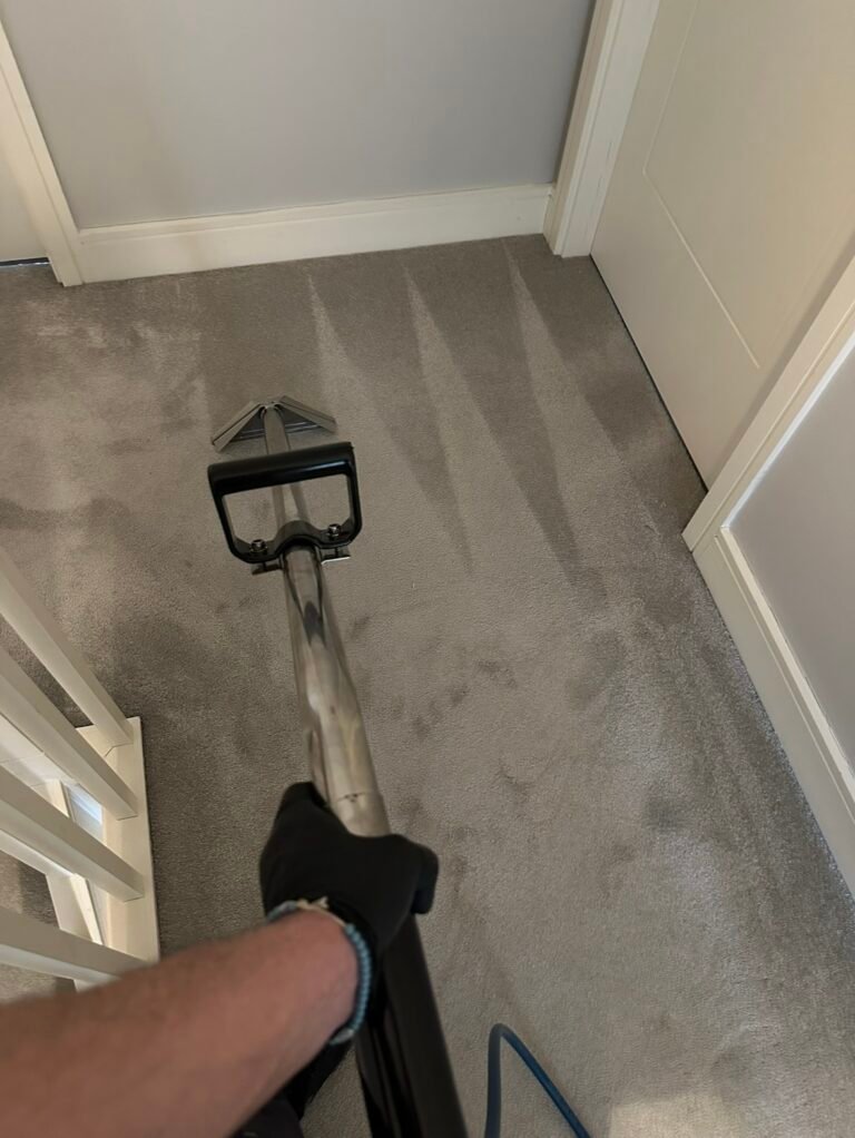 Professional carpet cleaning wand being used on a grey hallway carpet showing before and after dirt removal in a Dublin home