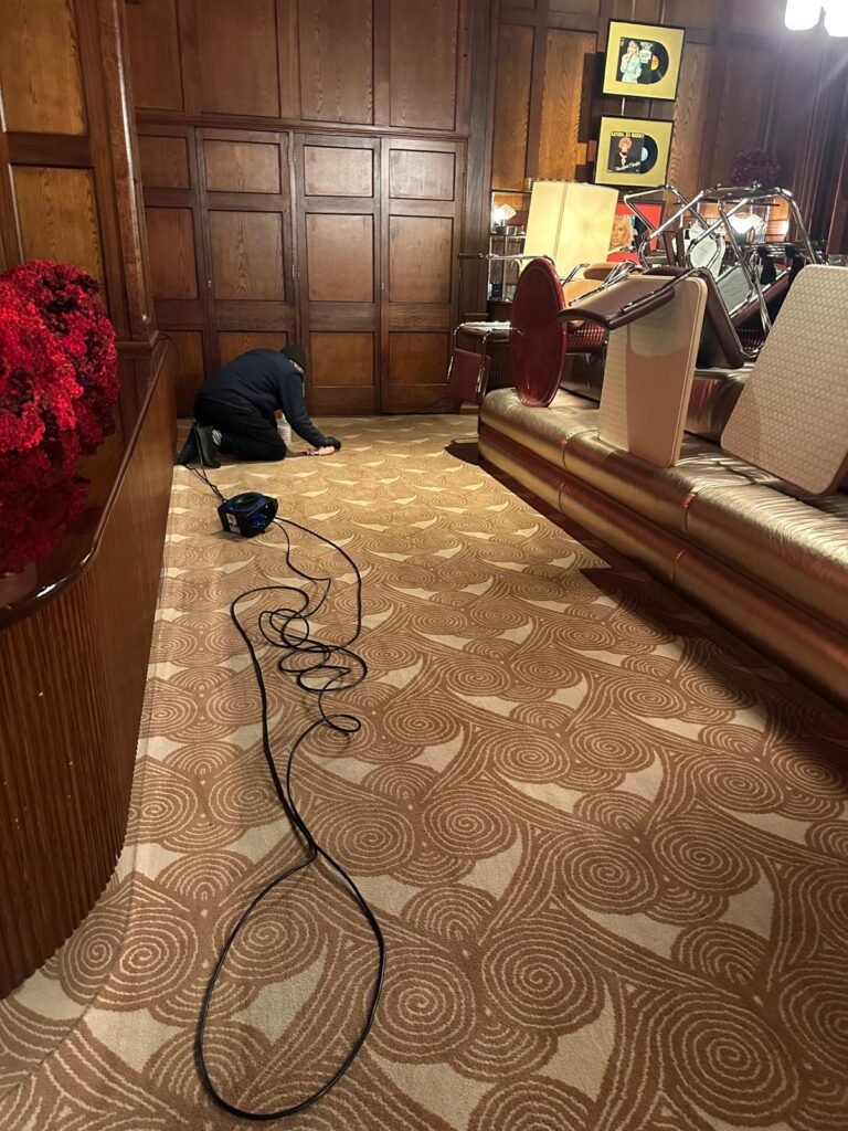 Your Cleaning Specialist technician deep cleaning ornate patterned carpet in an upscale Dublin restaurant dining area